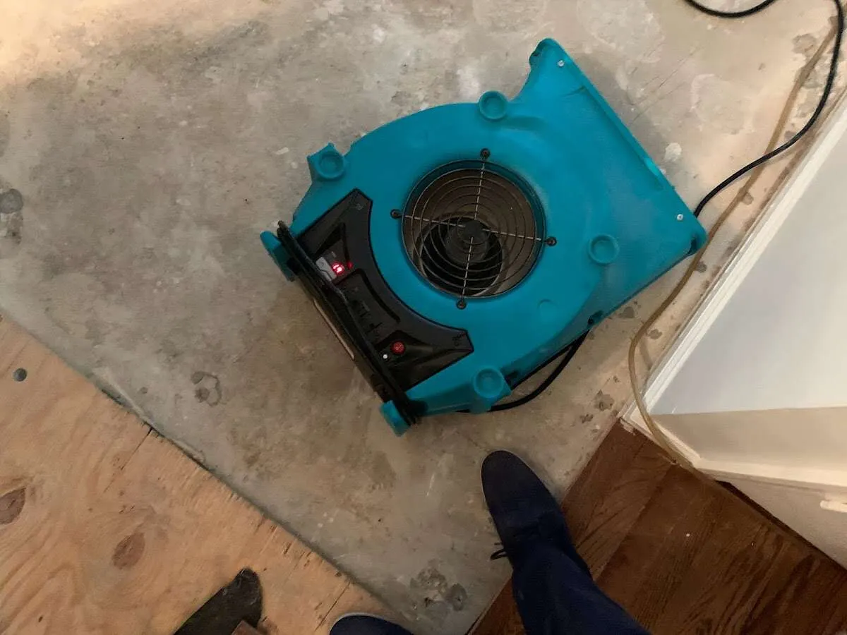 Air mover drying subfloor during Leak Detection & Repair in Champion Heights